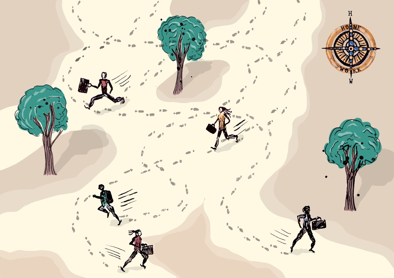 Run to Work, 2013 (blekk og digital) av Charlotte Orr