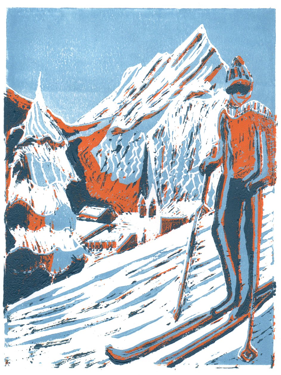 Ski, 2015, linoprint av Charlotte Orr