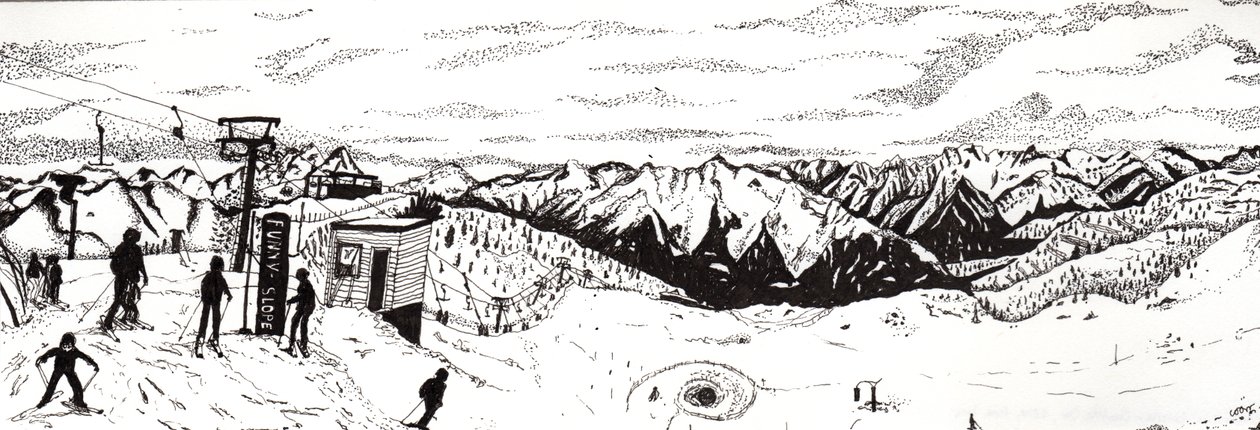 Ski i Østerrike, 2020 (fine liner på papir) av Charlotte Orr
