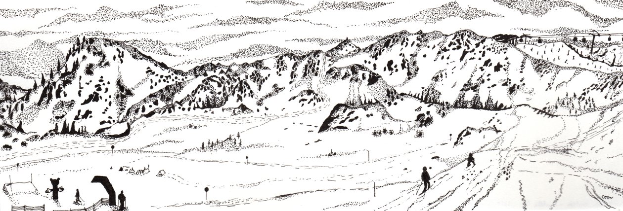 Skigåing i Østerrike #2, 2020 (fine liner på papir) av Charlotte Orr