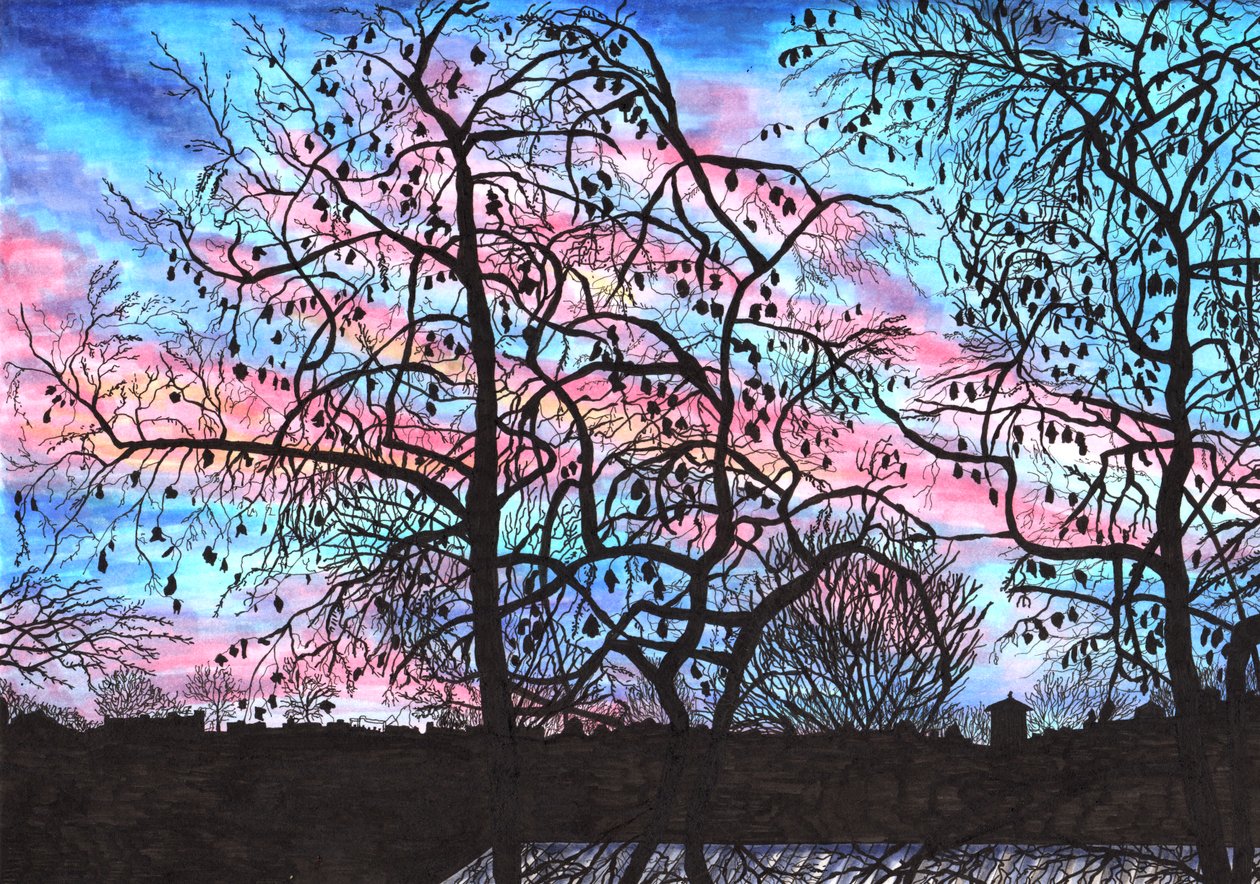 Solnedgang fra en Berlin-balkong, 2020 (penselpenner) av Charlotte Orr