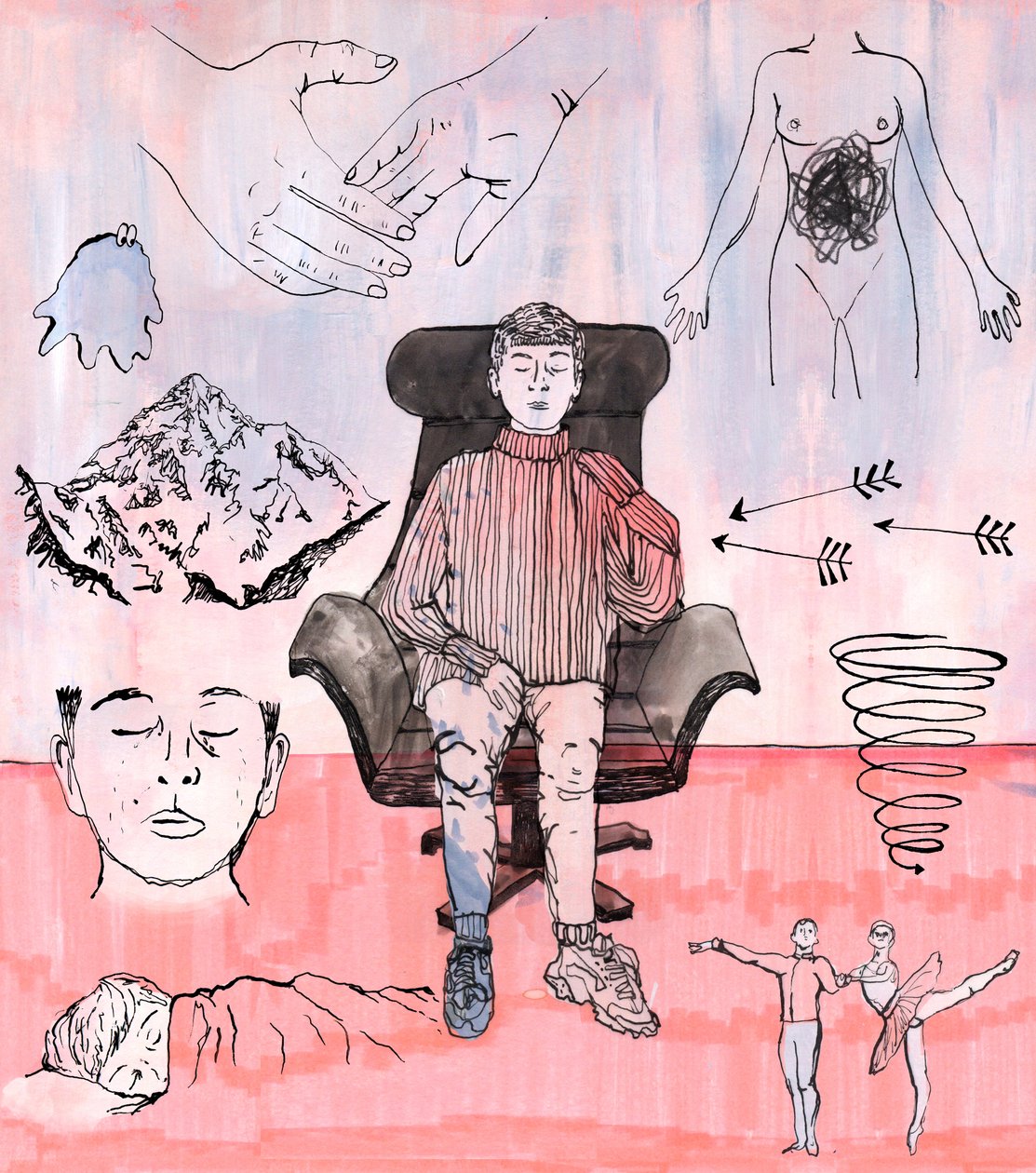 Terapiillustrasjon, 2018 (blekk og akryl) av Charlotte Orr