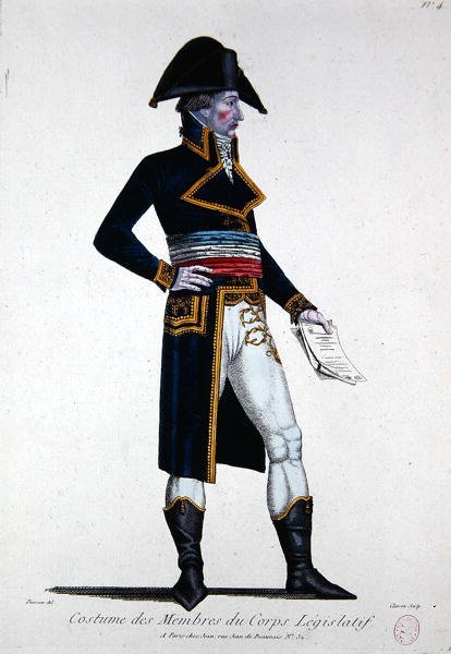 Kostyme til medlemmer av Corps Legislatif under den første republikken i Frankrike, ca. 1800 (farget gravering) av Chataignier Chataignier