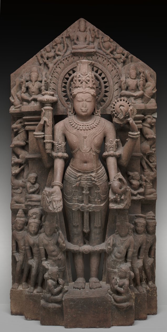 Vishnu og ledsagere, ca. 1026 e.Kr. (sandstein) av Chaulukya dynasty (c.940 1244) Indian school