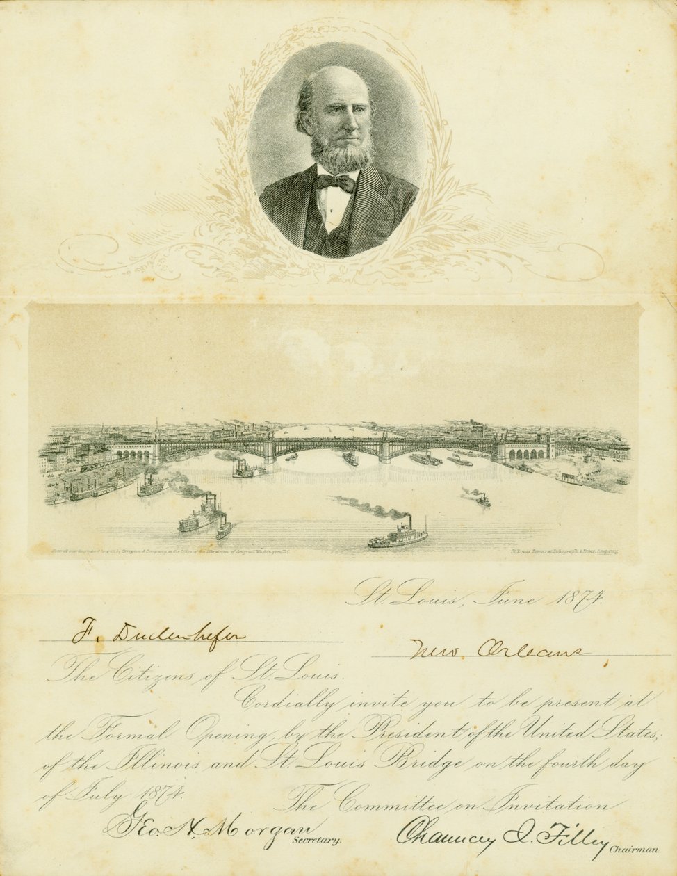 Invitasjon til å delta på den formelle åpningen av Eads Bridge 4. juli 1874 av Chauncey I. Filley