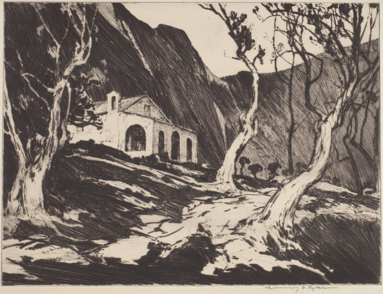 Gamle kapellet ved Gorbio (tørrpunkt) av Chauncey Foster Ryder