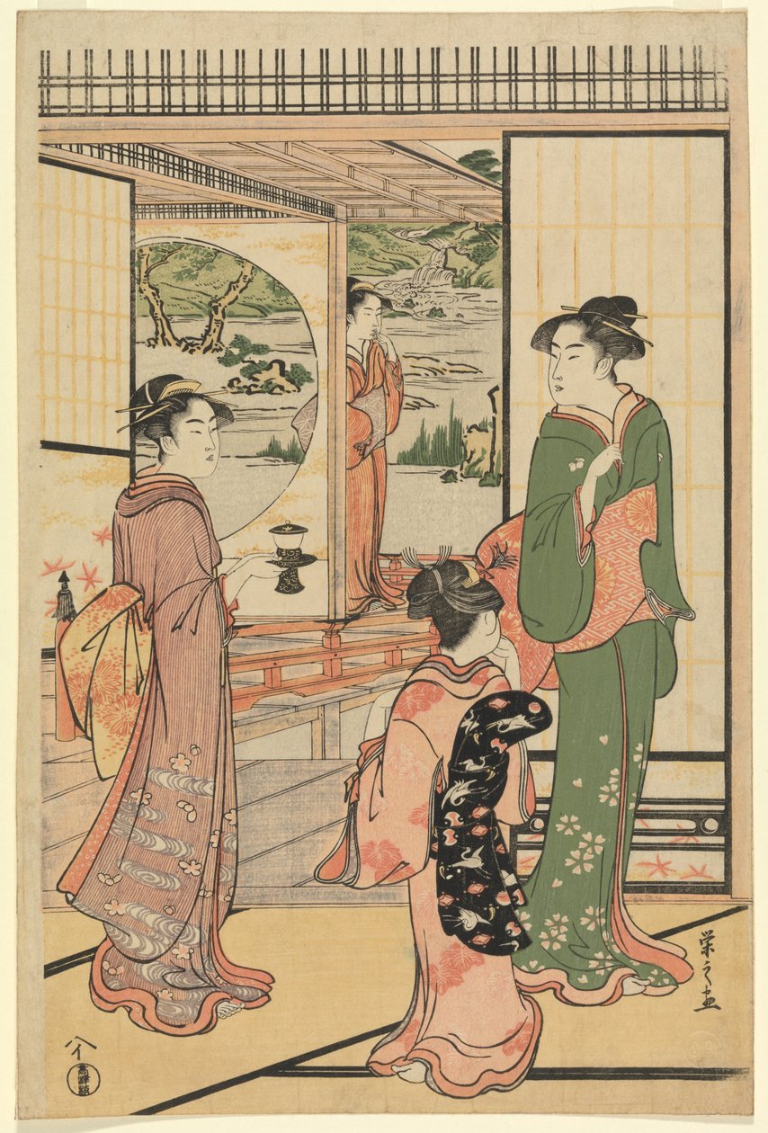 Vakre kvinner på en Yashiki (CBL J 2494) av Chobunsai Eishi