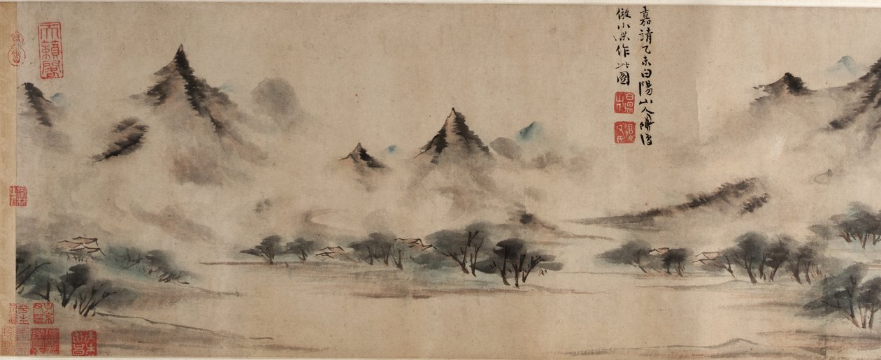 Skyete fjell, i stil med Mi Youren, Ming-dynastiet, 1535 (blekk og farge på papir) av Chen Shun