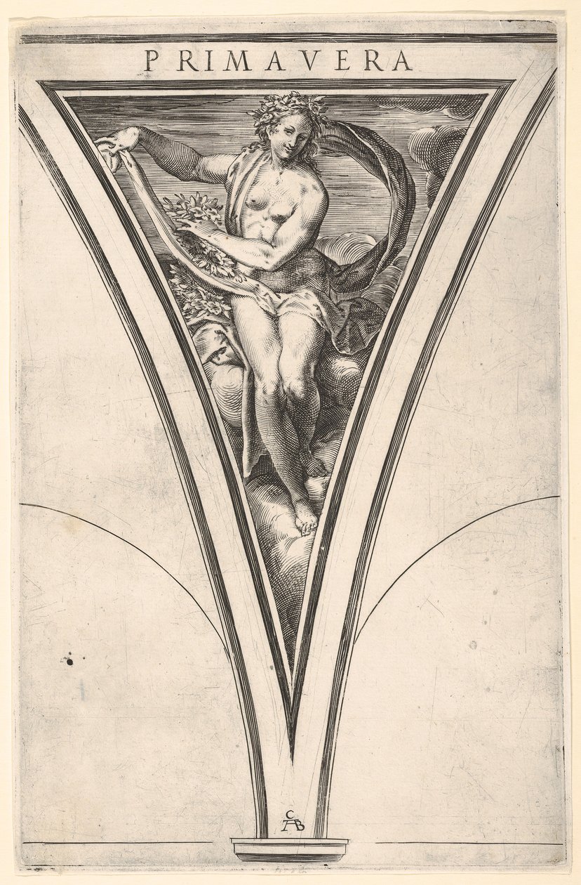 Spring Primavera representert som en kvinne som bærer en bølgende drapering og kranser..., ca. 1570-1615. av Cherubino Alberti