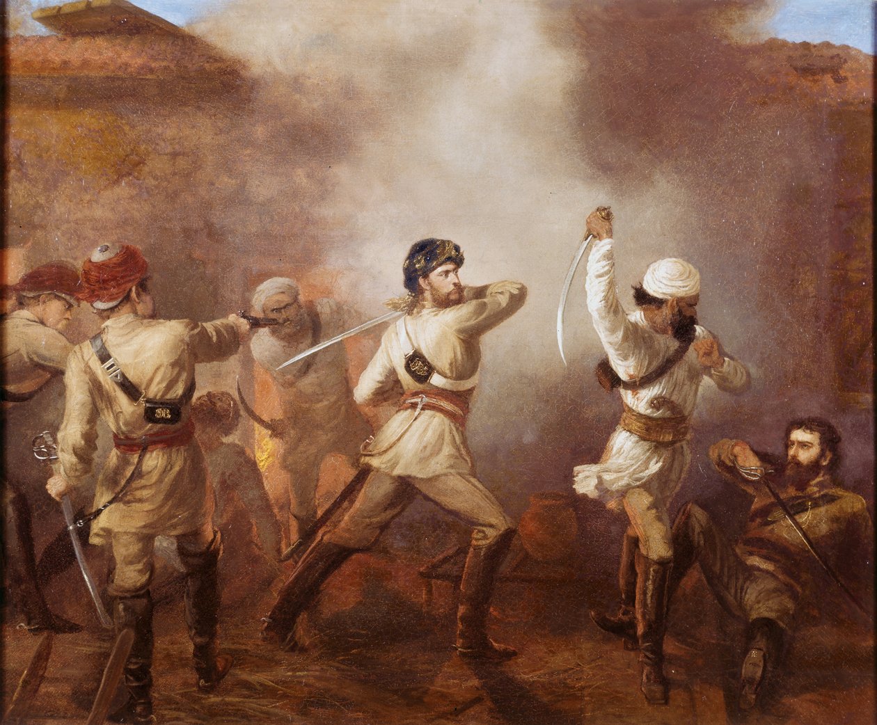 Kaptein Charles John Stanley Gough (1832-1912) under indianermytteriet ved Khurkowhah 15. august 1857, ca. 1860 av Chevalier Louis William Desanges