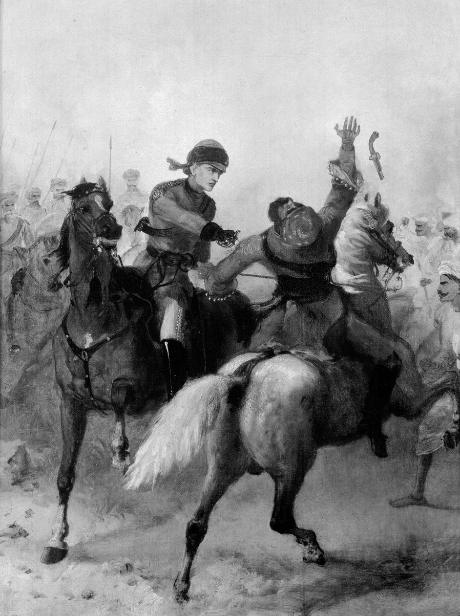 Løytnant John Watson fra 1st Punjab Cavalry vant Victoria Cross ved Lucknow under det indiske mytteriet 14. november 1857 av Chevalier Louis William Desanges