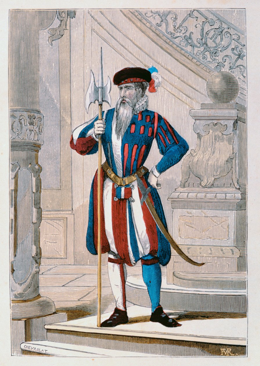 Kongens sveitsiske garde av 1586, illustrasjon fra 'Costumes Civils et Militaires Francais a travers les siecles' av Augustin Challamel, 1881 av Chevrolat