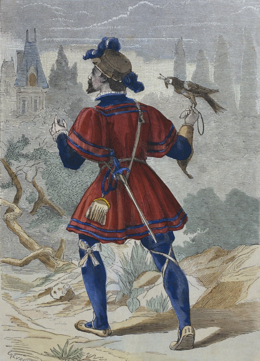 Falkonerer i François Iers husholdning på 1500-tallet, illustrasjon fra 'Costumes de Paris a travers les siecles' av H. Gourdon de Genouillac (fargegravering) av Chevrolat