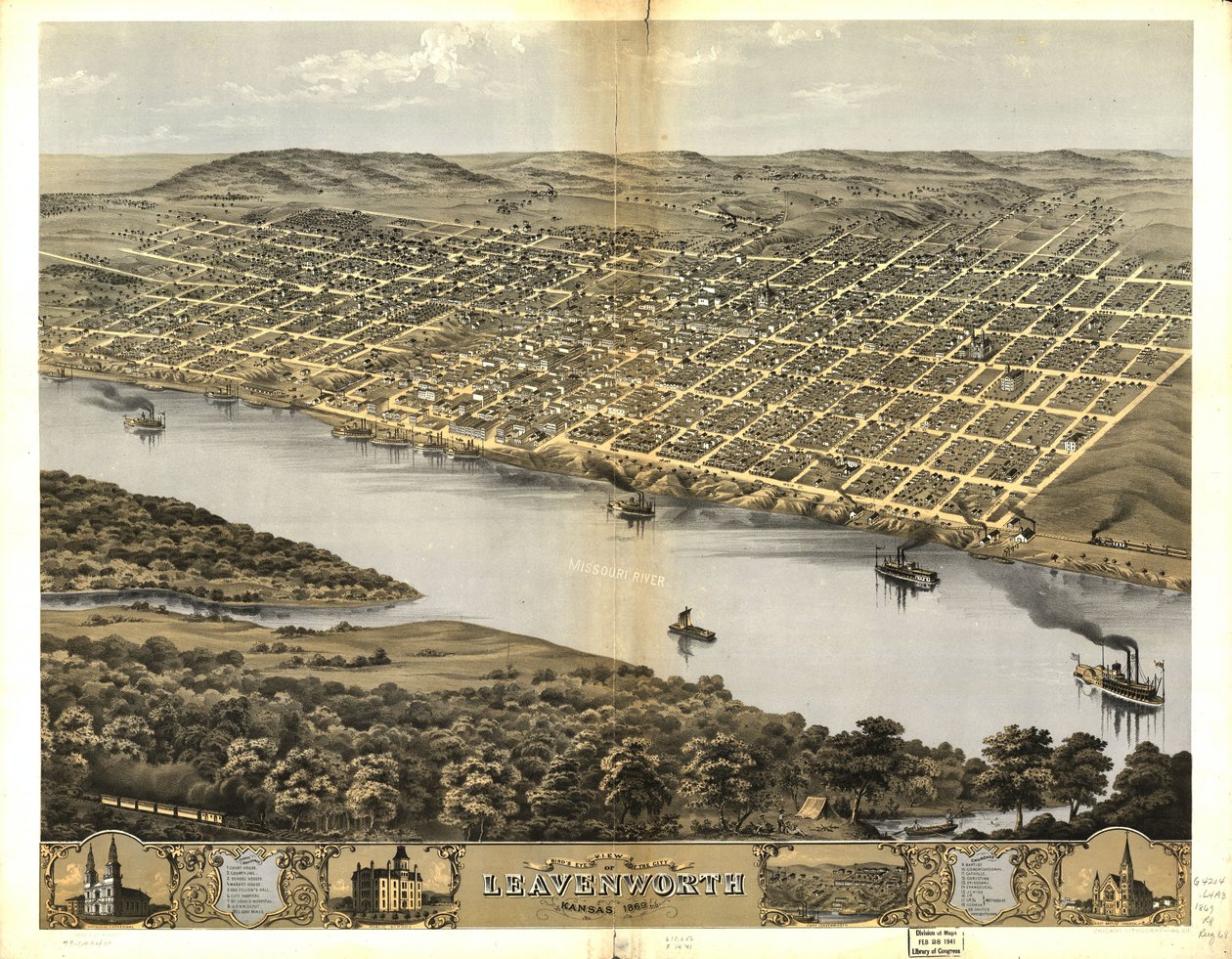 Fugleperspektiv av byen Leavenworth, Kansas 1869 av Chicago Lithographing Co.