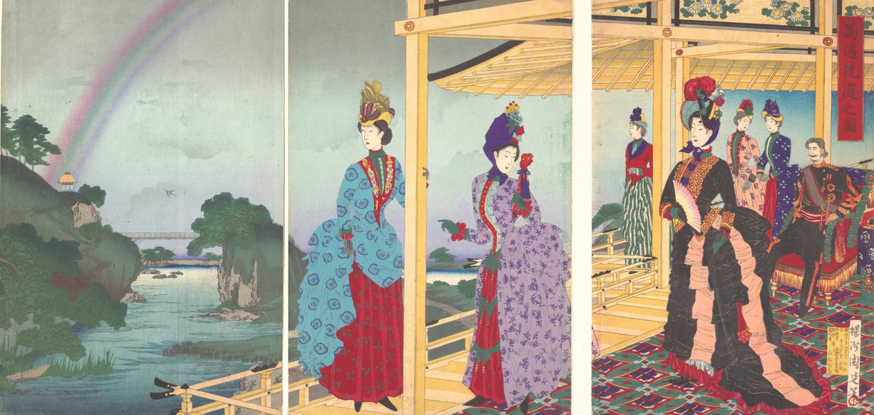 En hage forfrisket av det forbigående regn Ukasentei no zu, juli 1888., juli 1888. av Chikanobu Yoshu