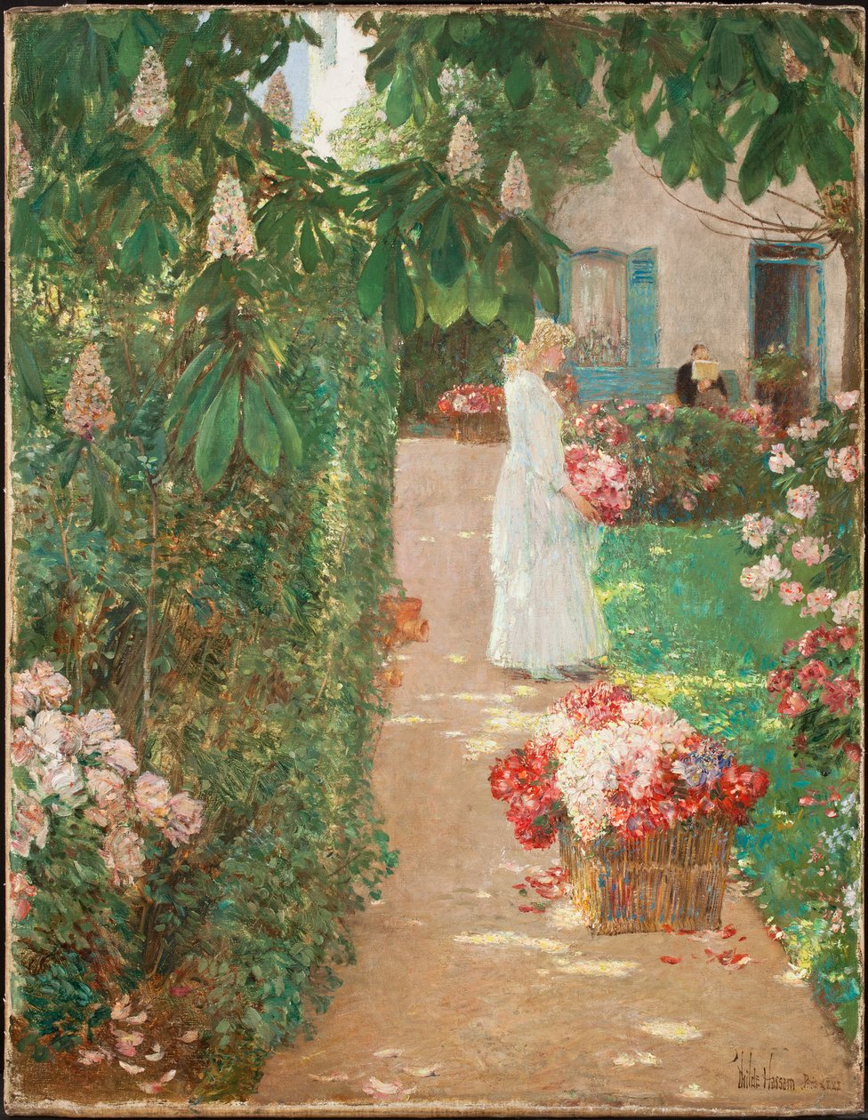 Å samle blomster i en fransk hage (olje på lerret) av Childe Frederick Hassam