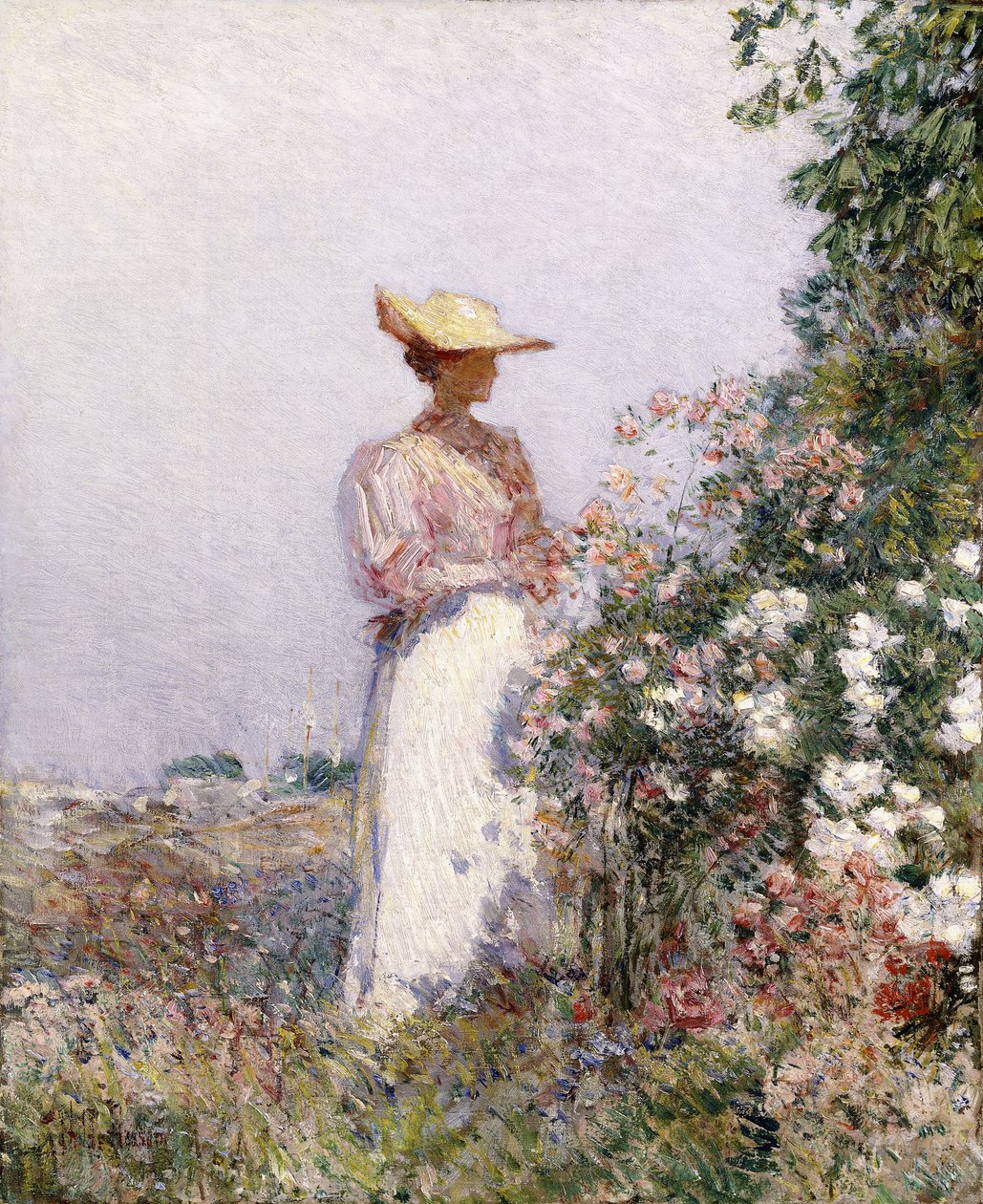 Dame i blomsterhagen av Childe Frederick Hassam