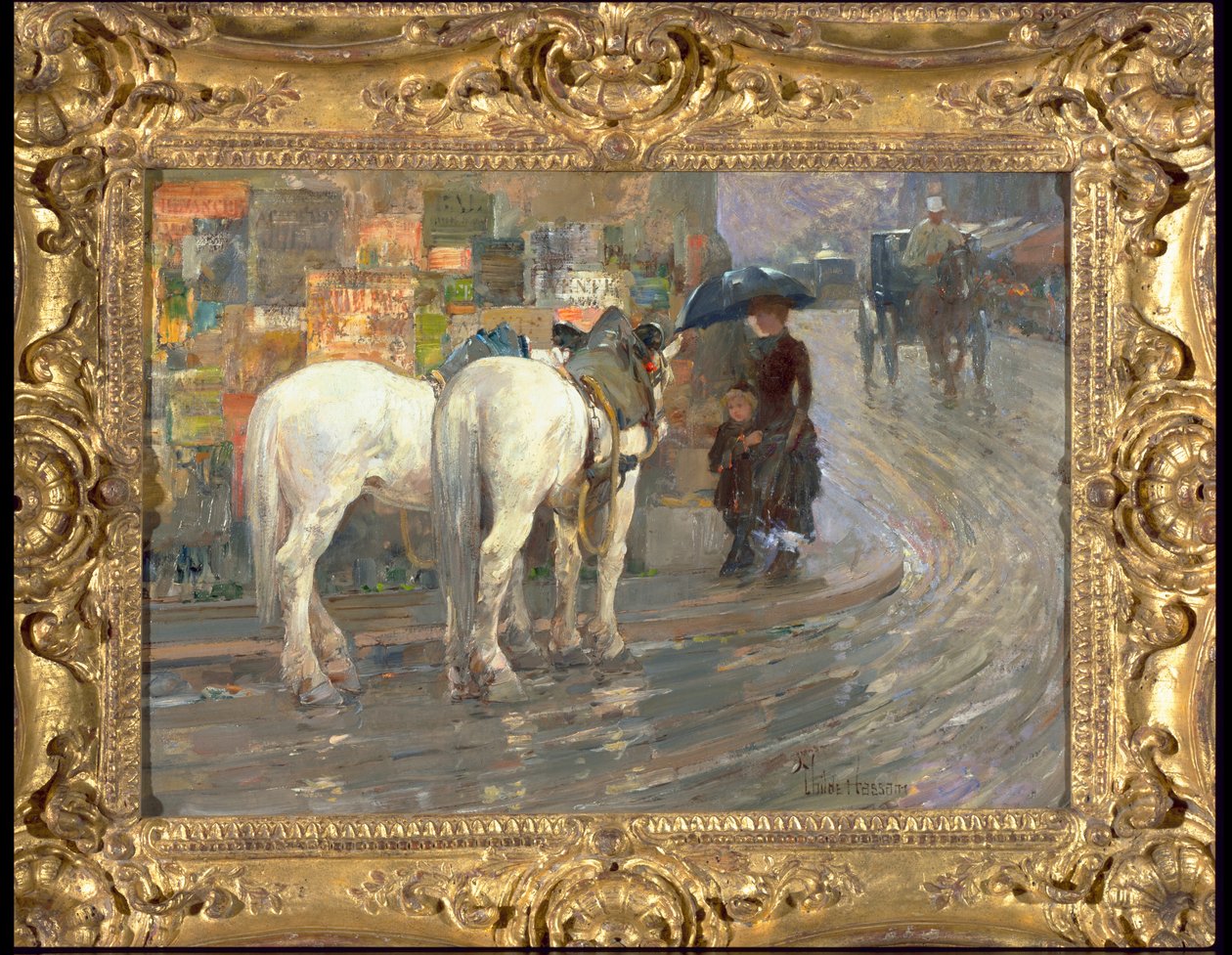 Paris Street Scene, ca. 1889 (olje på kartong) av Childe Frederick Hassam