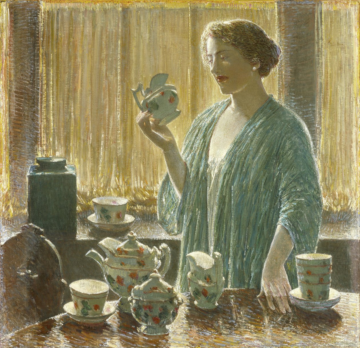 Tesett med jordbær av Childe Frederick Hassam