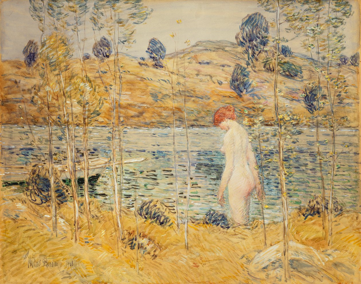 Elvebredden av Childe Frederick Hassam