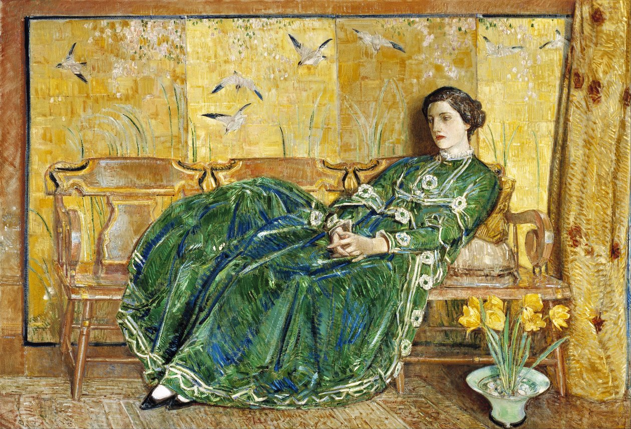 April: (Den grønne kjolen) av Childe Hassam
