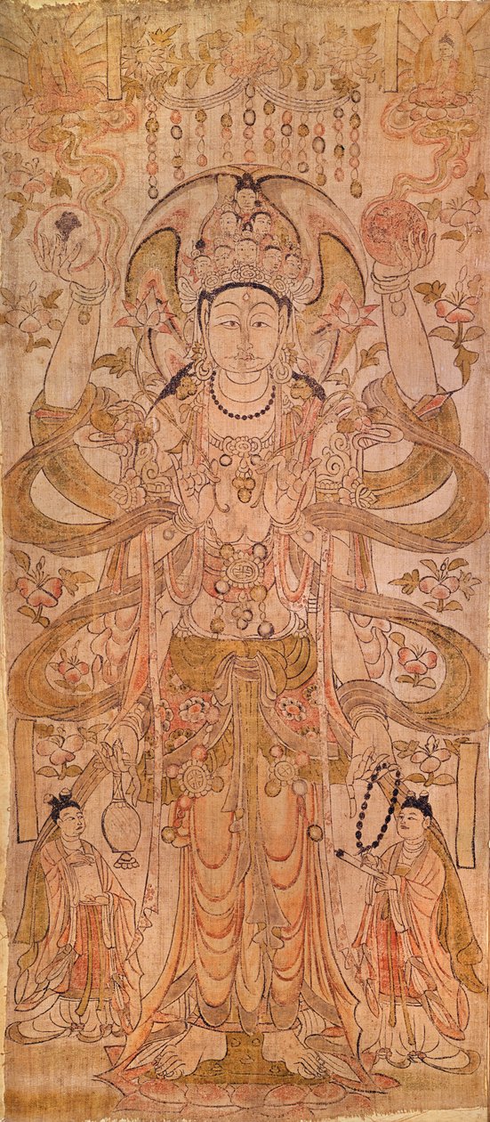 Avalokiteshvara med ni hoder og seks armer, fra Dunhuang, Gansu-provinsen, Tang-dynastiet (618-907) (penn og blekk på lerret) av Chinese School