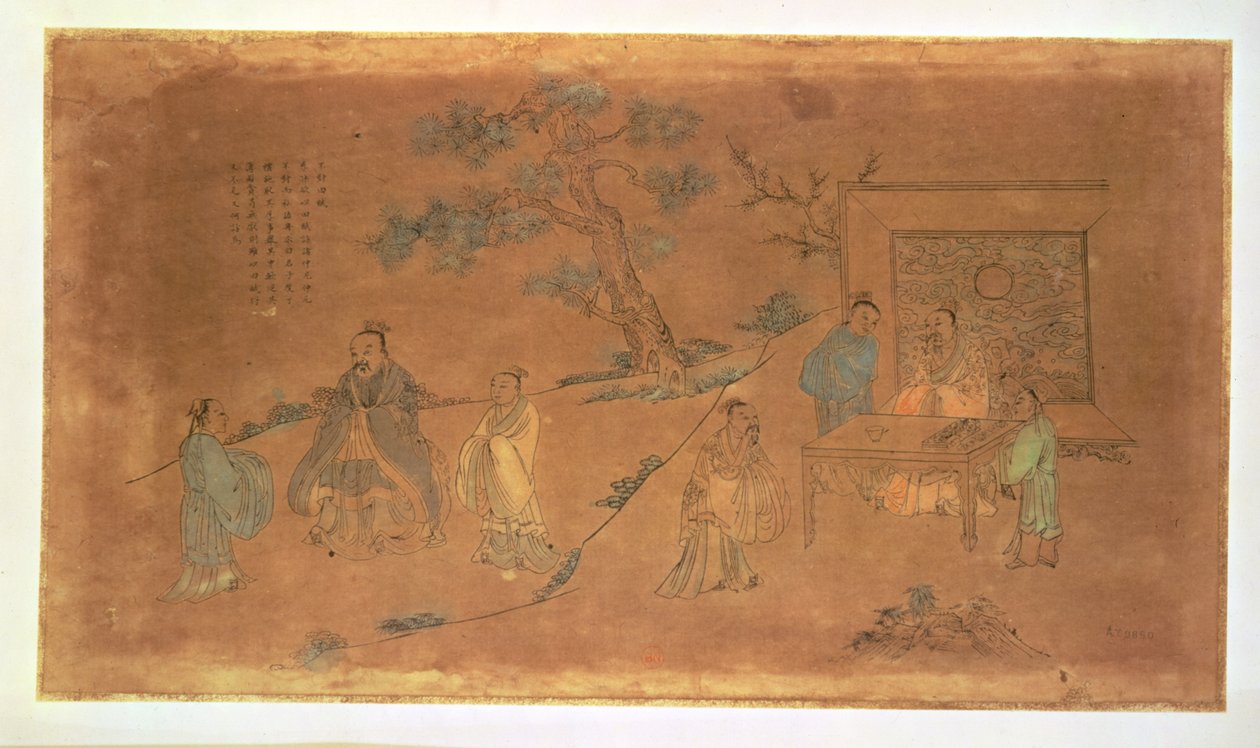 Scene fra livet til Konfucius (ca. 551-479 f.Kr.) og hans disipler, Qing-dynastiet (1644-1912) (blekk, wc og sepia vask på papir) av Chinese School