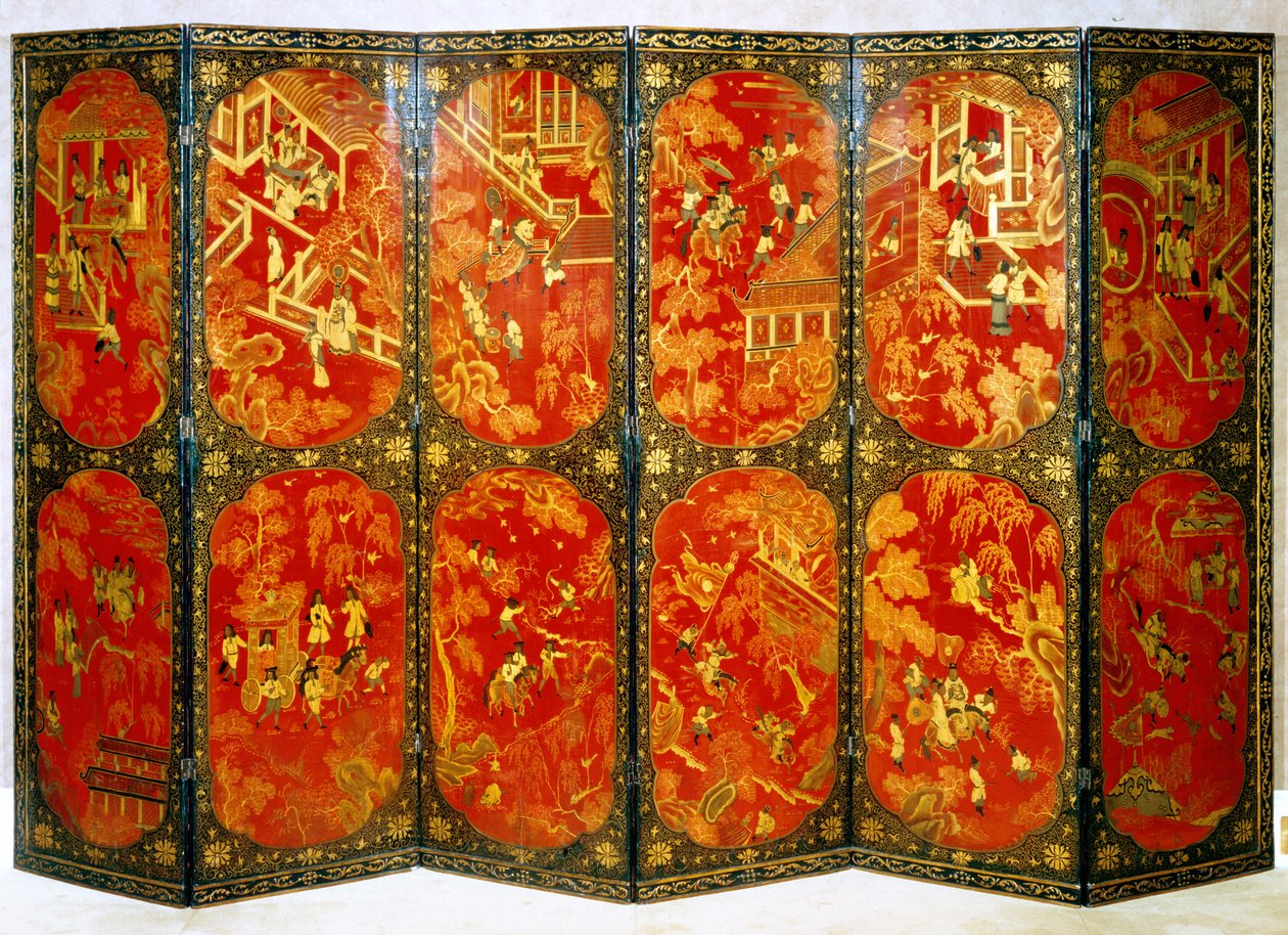 Seksdelt skjerm som viser europeiske figurer i røde paneler med svarte kanter, ca. 1720 (lakkert tre) av Chinese School