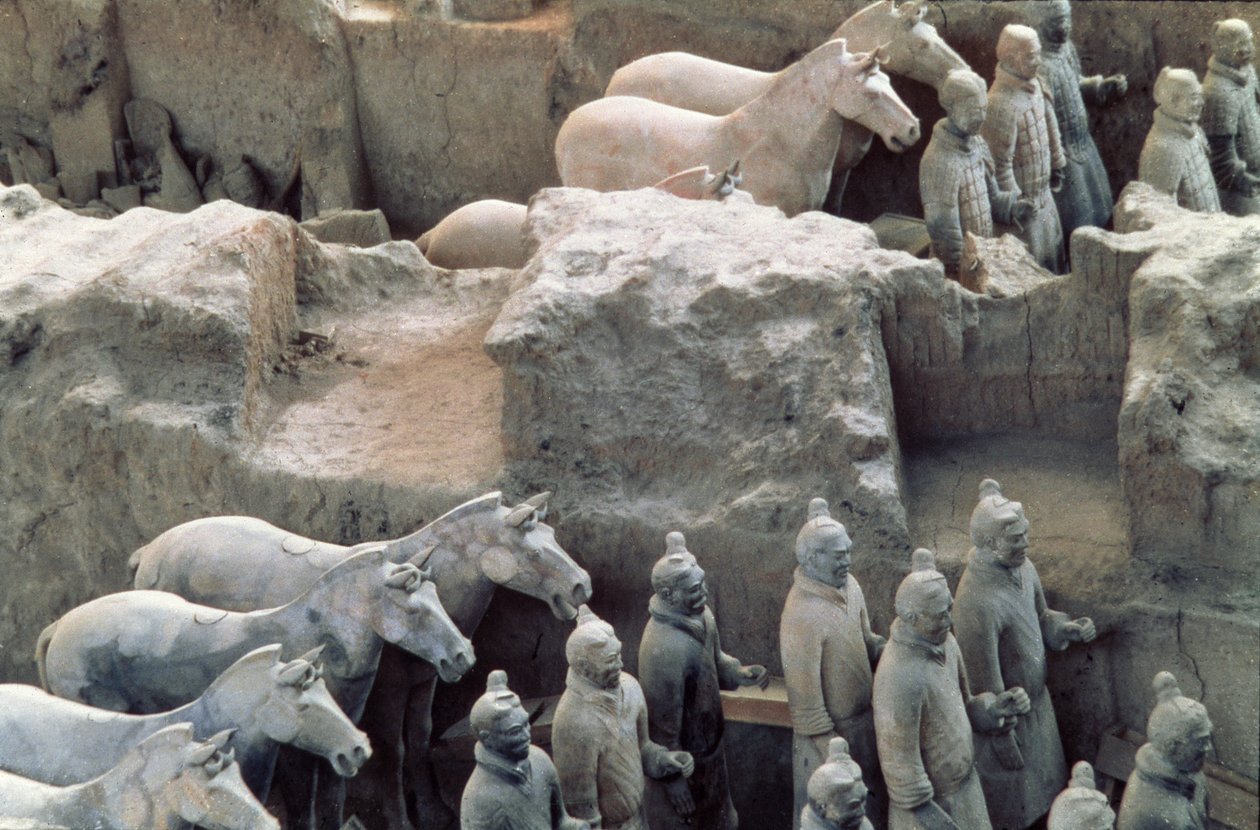 Terracotta-hæren, Qin-dynastiet, 210 f.Kr. (detalj) av Chinese School