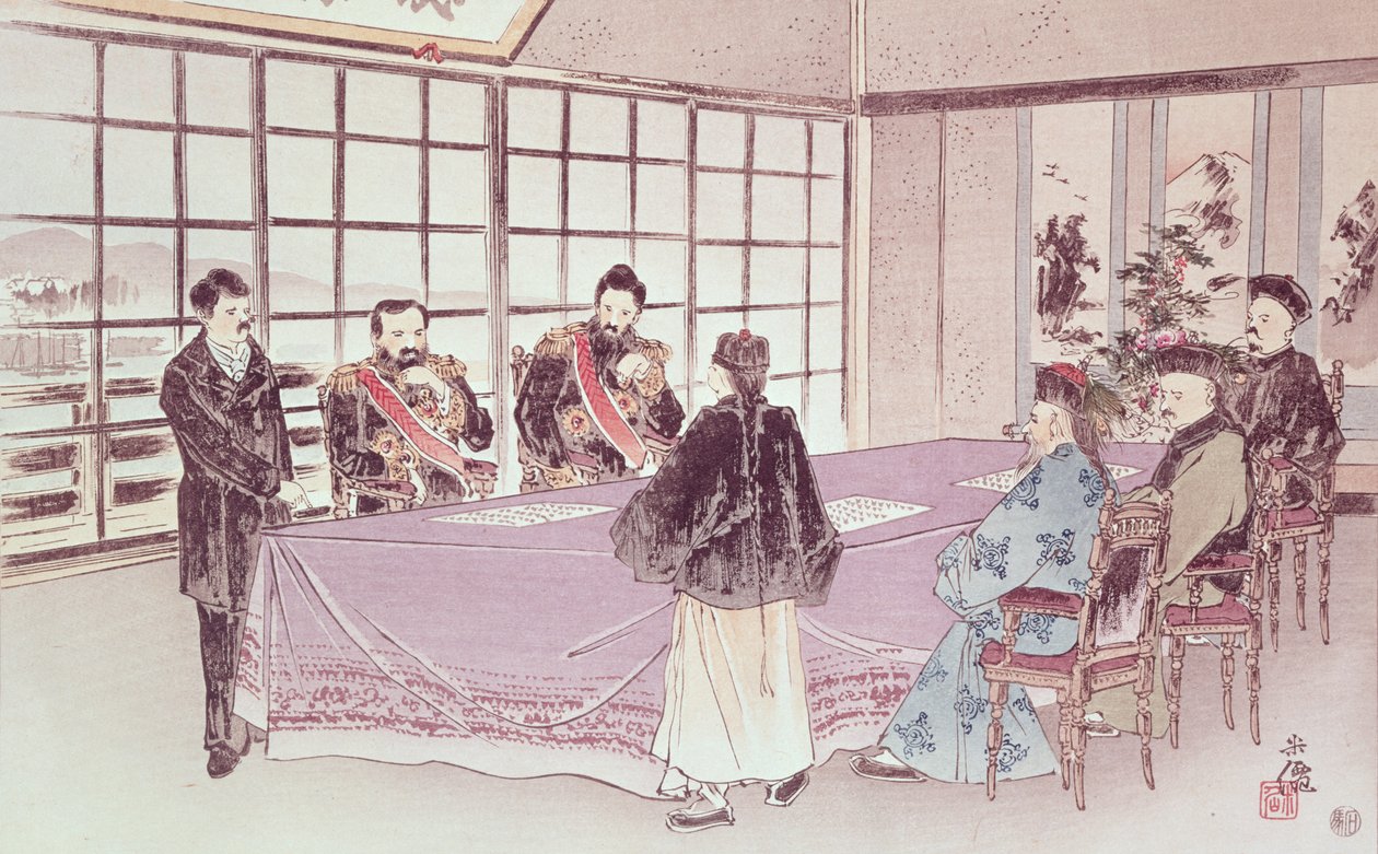 De japanske ministrene I-Tso og Mou-Tsou diskuterer med den kinesiske utsendingen Ri-Ko-Sho betingelsene for Shimonoseki-våpenhvilen, 16. april 1895 av Chinese School