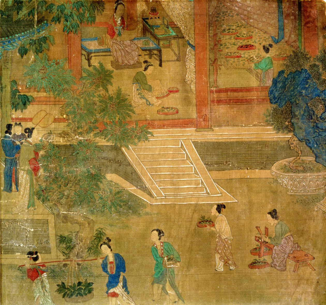 Kvinner høster blader, 1500 (malt silke) av Chinese School