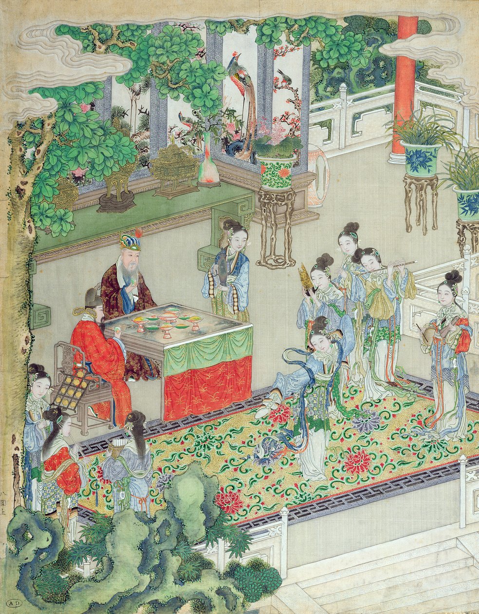 En kinesisk mandarin blir underholdt (farge på silke) av Chinese School
