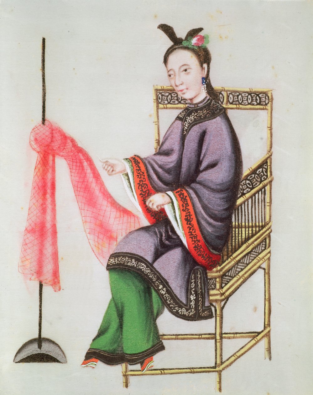 En kinesisk kvinne lager et fiskenett, Qianlong-perioden (1736-96) (gouache på papir) av Chinese School