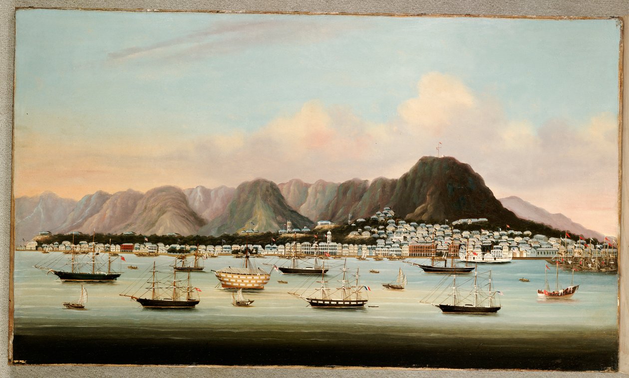 A View of Victoria, Hong Kong, med Hulk H.M.S Princess Charlotte og American, British og French Shipping, ca. 1862 av Chinese School