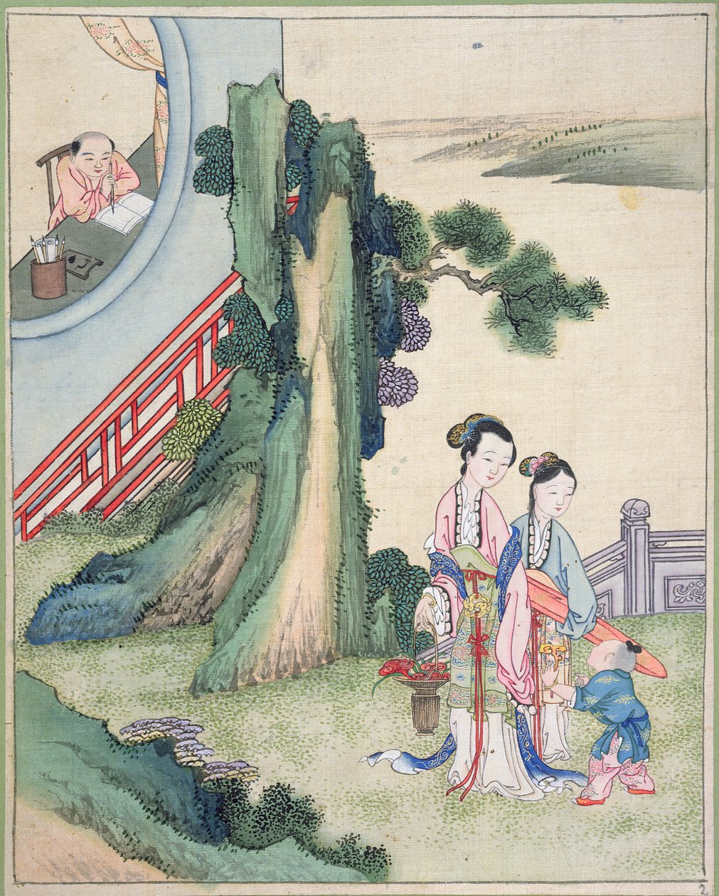 En mann som skriver og hans familie ved siden av en elv (gouache på silke) av Chinese School