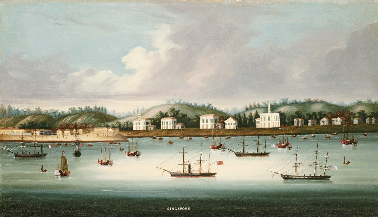 En utsikt over Singapore fra veiene med amerikansk, fransk og britisk skipsfart, ca. 1850 av Chinese School