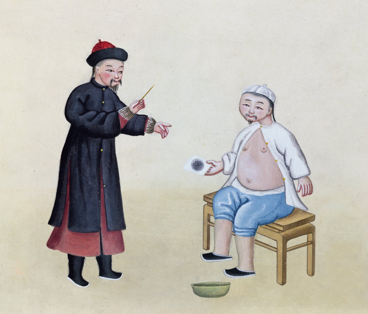En akupunktør med sin pasient, ca. 1785 (wc på papir) av Chinese School