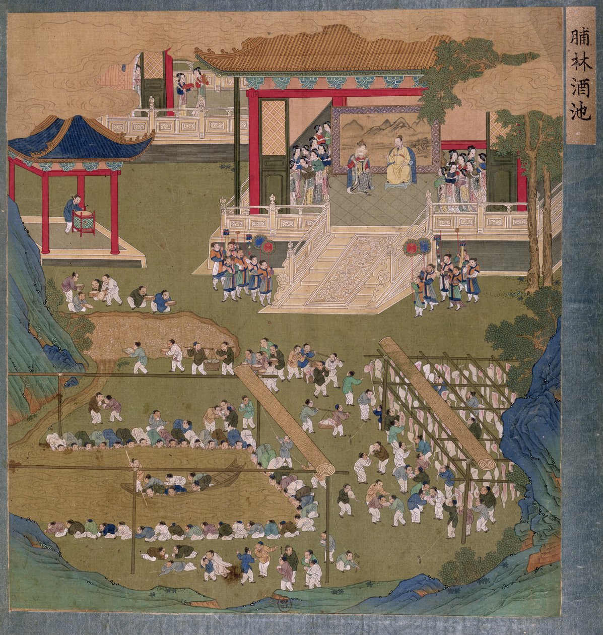 Gamle kinesiske keiser og keiserinne holder hoff foran hoffmenn som båter inn og drakk fra en dam med risvin og forsyner seg av bacon (wc og gouache på papir) av Chinese School