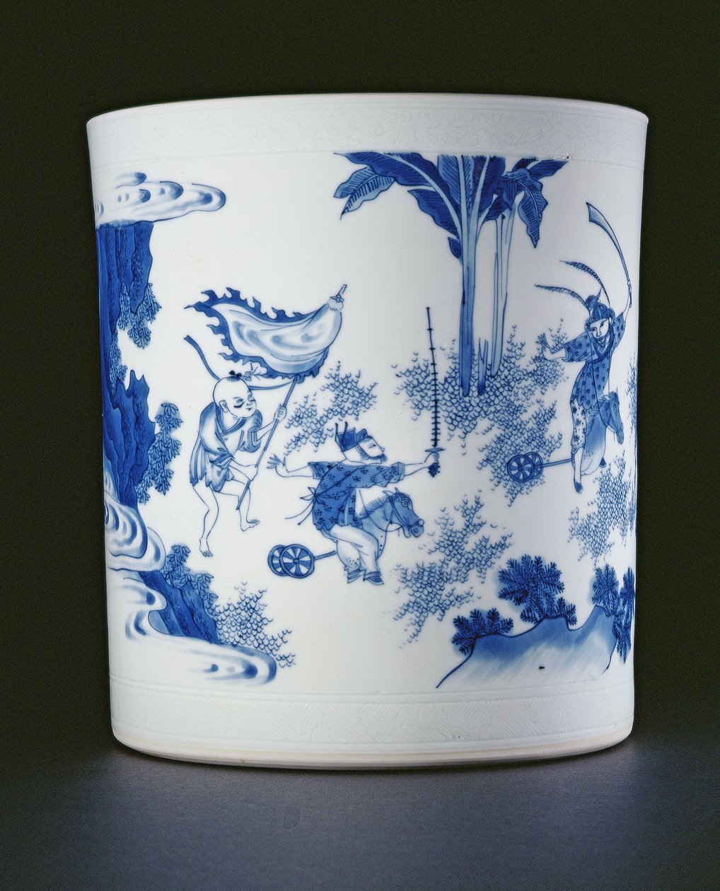 Blå og hvit børstepotte malt med en dame og gutter som leker på hobbyhester, Chongzheng, 1630-44 (porselen) (se 205936) av Chinese School