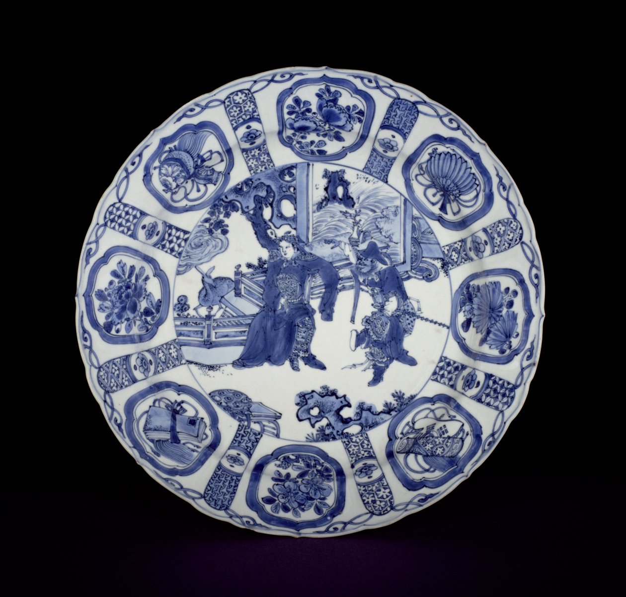 Blått og hvitt kraakfat malt med krigere, Wanli, 1590-1610 (porselen) av Chinese School