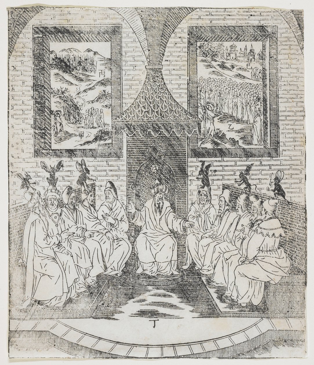 Caiaphas and the Council of Elders, plate fra Giulio Alenis Tianzhu jiangsheng zhuxiang jingjie (En illustrert historie om himmelens Herre som ble inkarnert i kjødet), Jinjiang kirke, Fuji av Chinese School