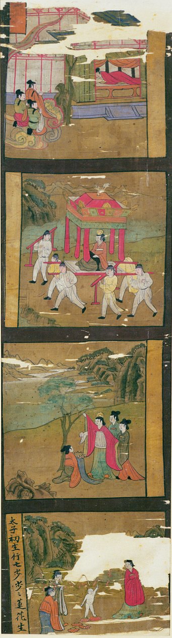 Ch.Lv.0010 Scener fra Buddhas Life, Tunhuang, 7.-8. århundre, (maleri på silkebanner) av Chinese School
