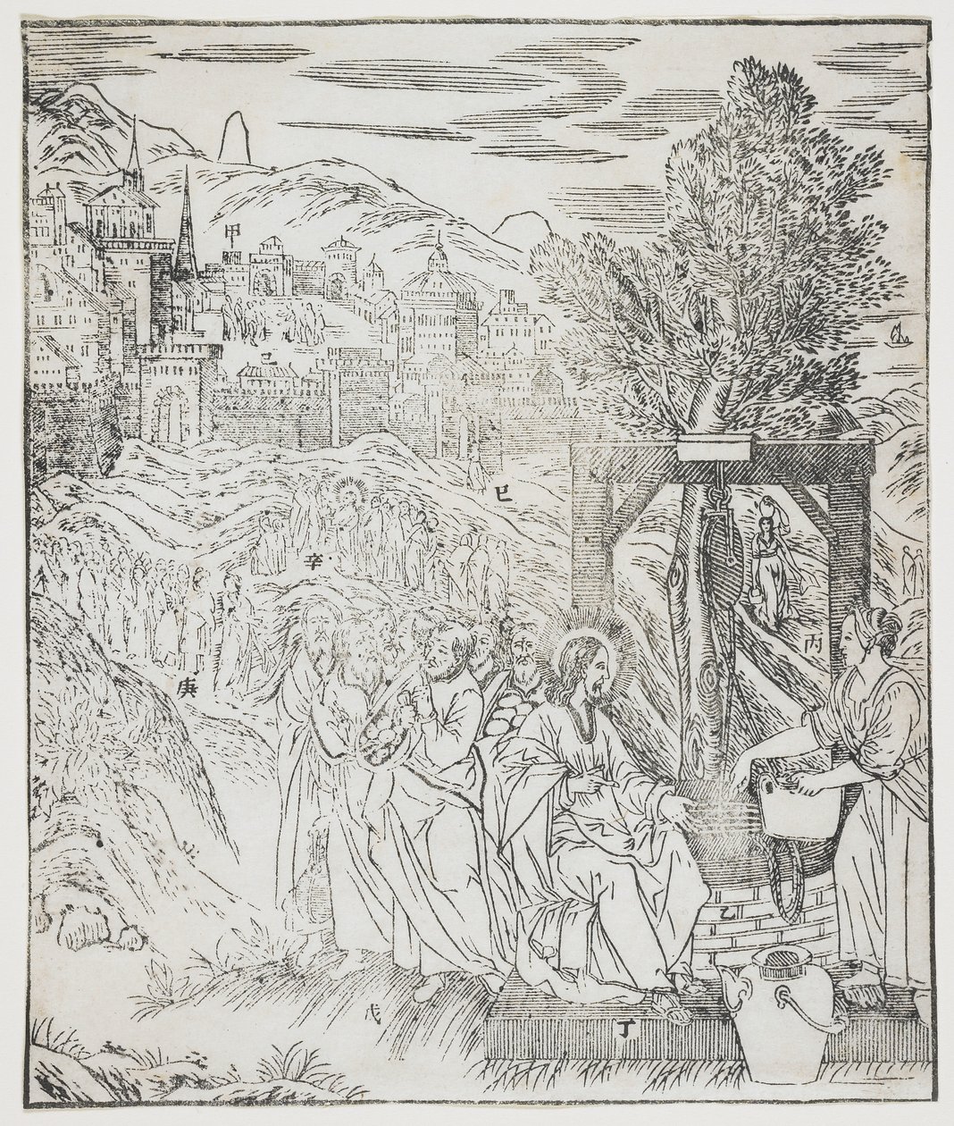 Kristus ved brønnen, tallerken fra Giulio Alenis Tianzhu jiangsheng zhuxiang jingjie (En illustrert historie om himmelens Herre som ble inkarnert i kjødet), Jinjiang kirke, Fujian-provinsen, Chi av Chinese School