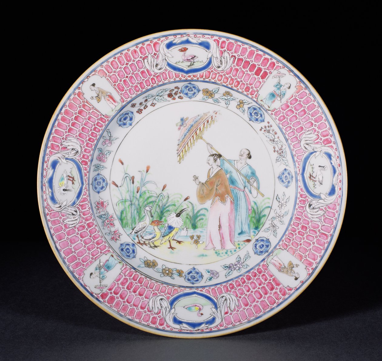 Middagstallerken malt i Famille Rose som viser La Dame au Parason, etter et design av Cornelis Pronk (1691-1759) Qianlong-perioden (1736-95) ca. 1734 (porselen) av Chinese School