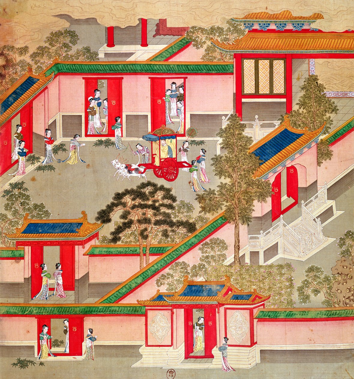 Keiser Wu Ti (156-87, r.141-87 f.Kr.), forlater palasset sitt, fra en historie med kinesiske keisere (farge på silke) av Chinese School