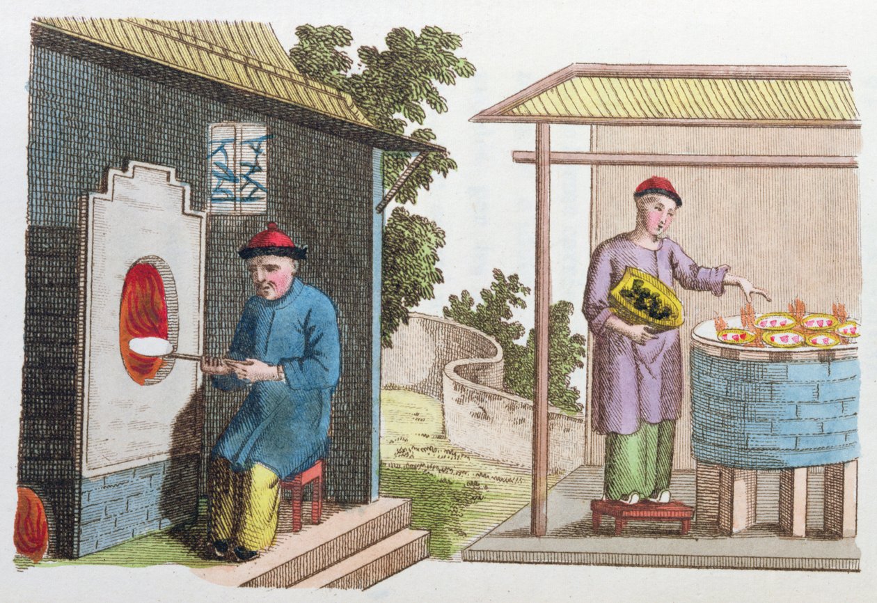 Brenning av porselen i Kina på slutten av 1700-tallet, fra La Chine en Miniature, av J.B. Breton, Paris, redigert av Nepveu, 1811 (fargegravering) av Chinese School