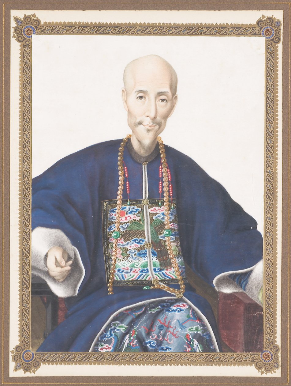 Innrammet portrett av Howqua av Chinese School