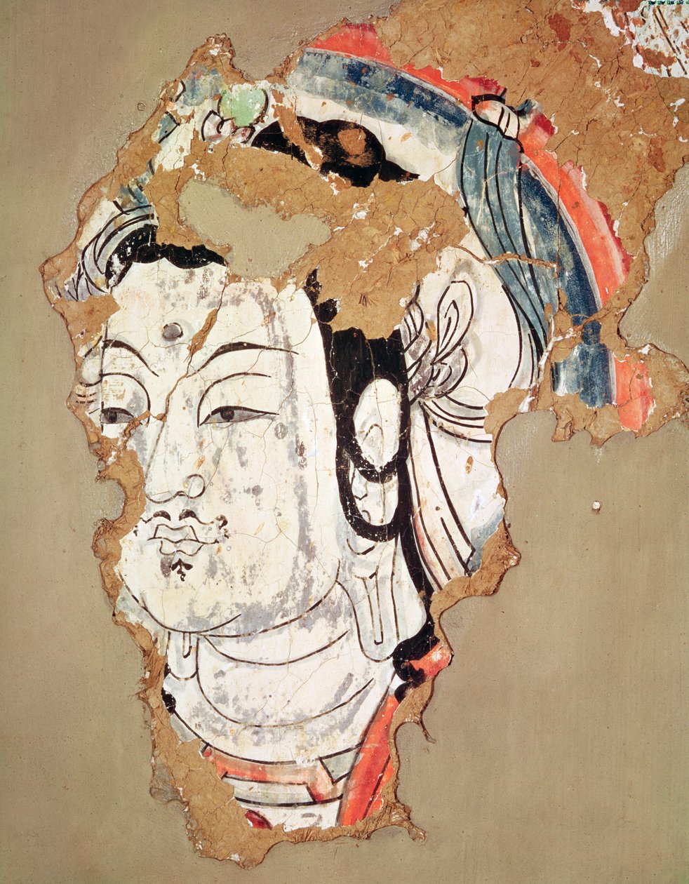 Buddhas hode med en glorie, fra Kao-chang, Xinjiang, kinesisk Turkestan, 8.-9. århundre av Chinese School