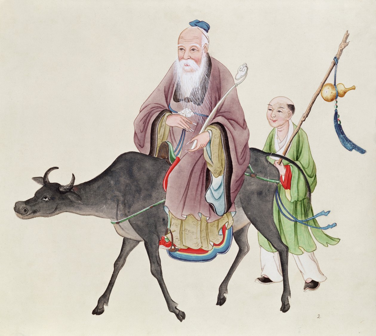 Lao-Tzu (ca. 604-531) på bøffelen sin, etterfulgt av en disippel (wc på papir) av Chinese School