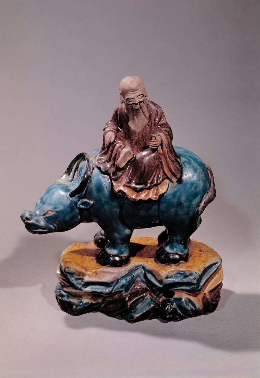 Lao-Tzu (ca. 604-531 f.Kr.) på hans Buffalo, Qing-dynastiet (keramikk) av Chinese School